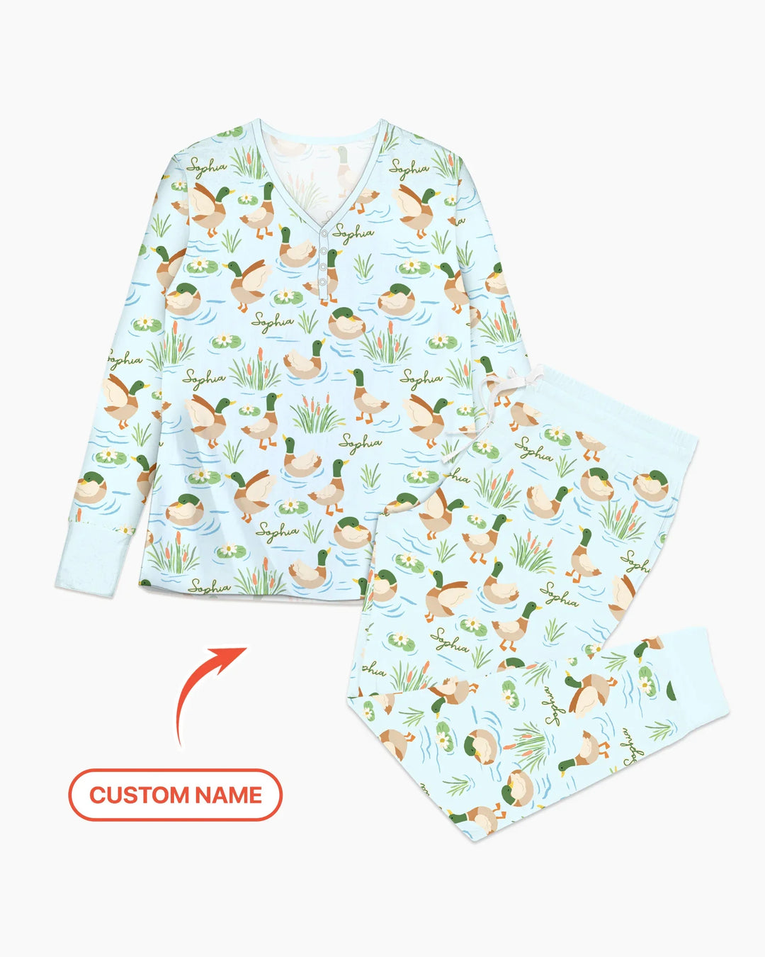 Personalisiertes Pyjama-Set für Damen aus Bambus mit Stockentenmuster