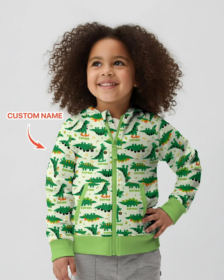 St. Patrick's Day Dinosaurier Benutzerdefinierter Bambus-Kapuzenpullover mit Reißverschluss