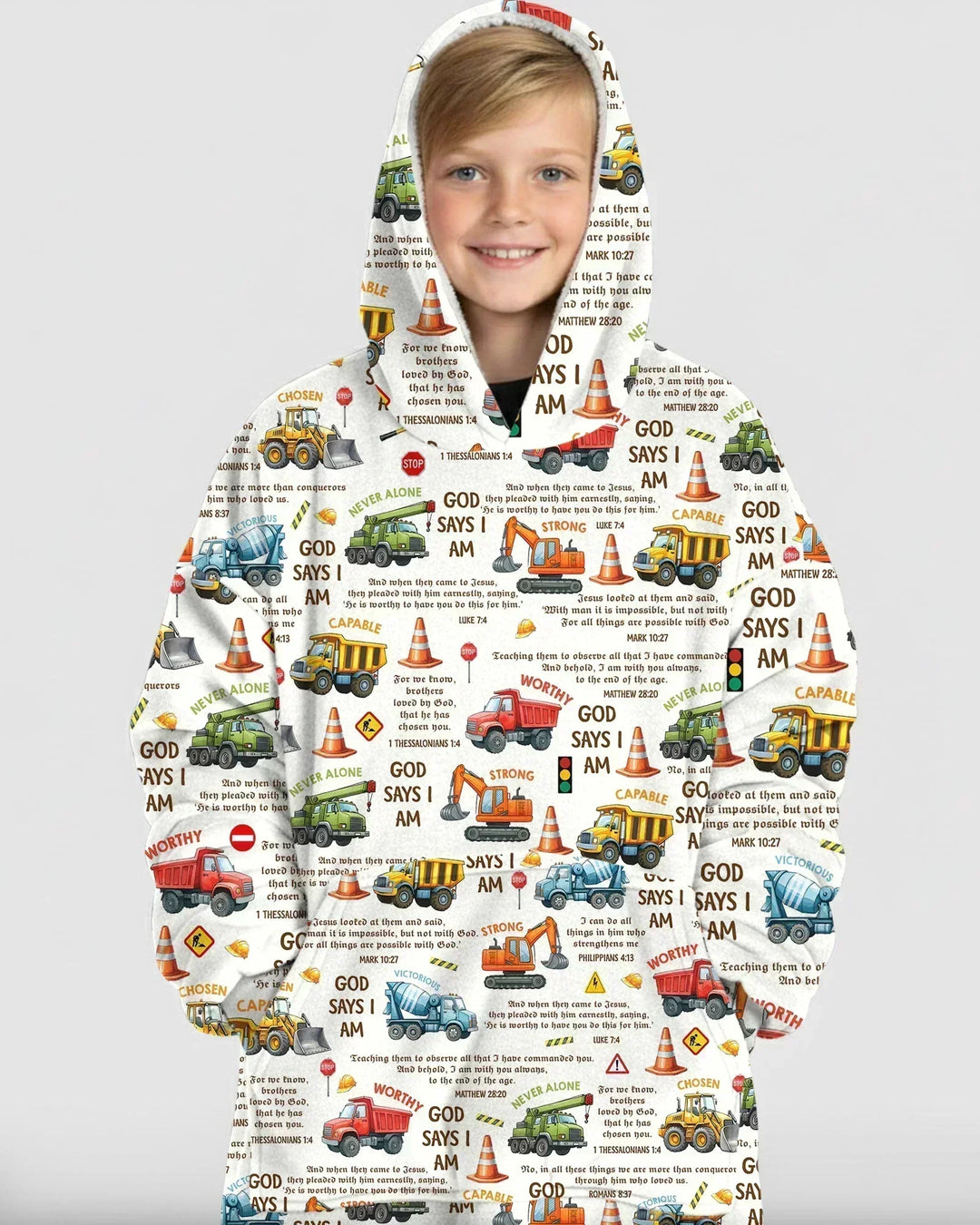 Bibelvers Baufahrzeuge Tragbarer Bambus-Decken-Hoodie
