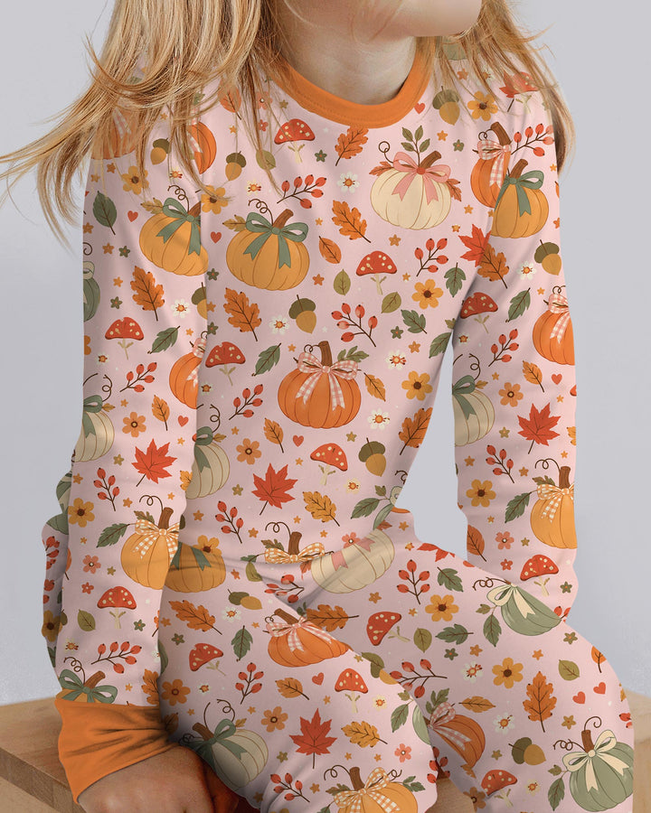 Pastel Pumpkin Bow Fall Bamboo Two Piece Long Sleeve Pajama Set