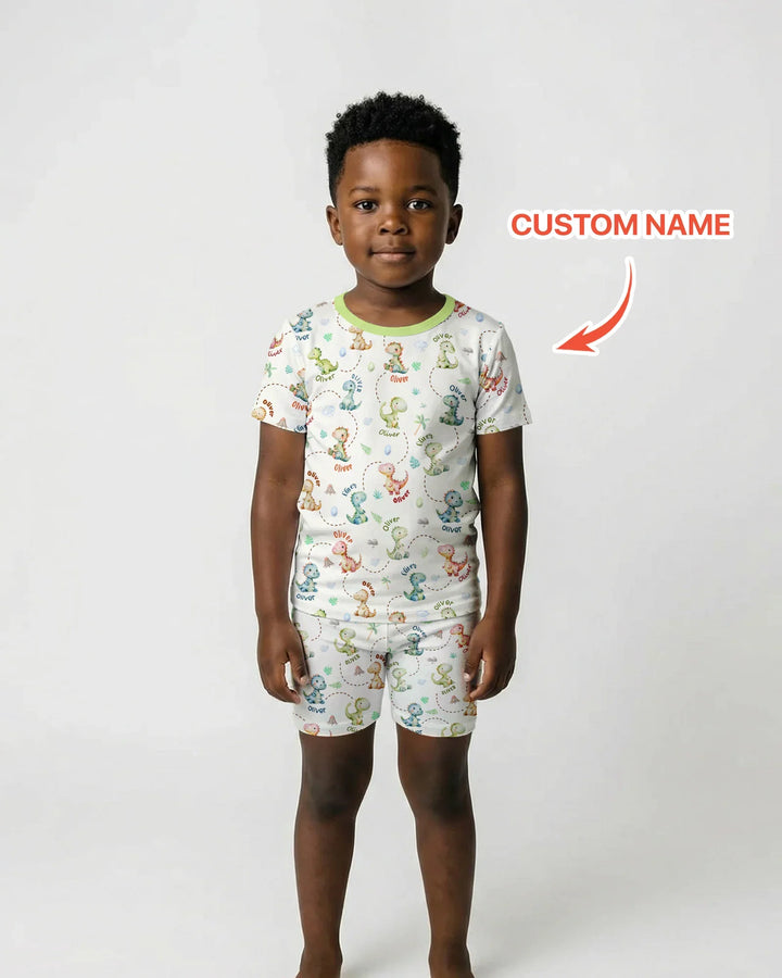 Personalized Dino Friends Bamboo Two Piece Short Sleeve Shorts Pajama Set