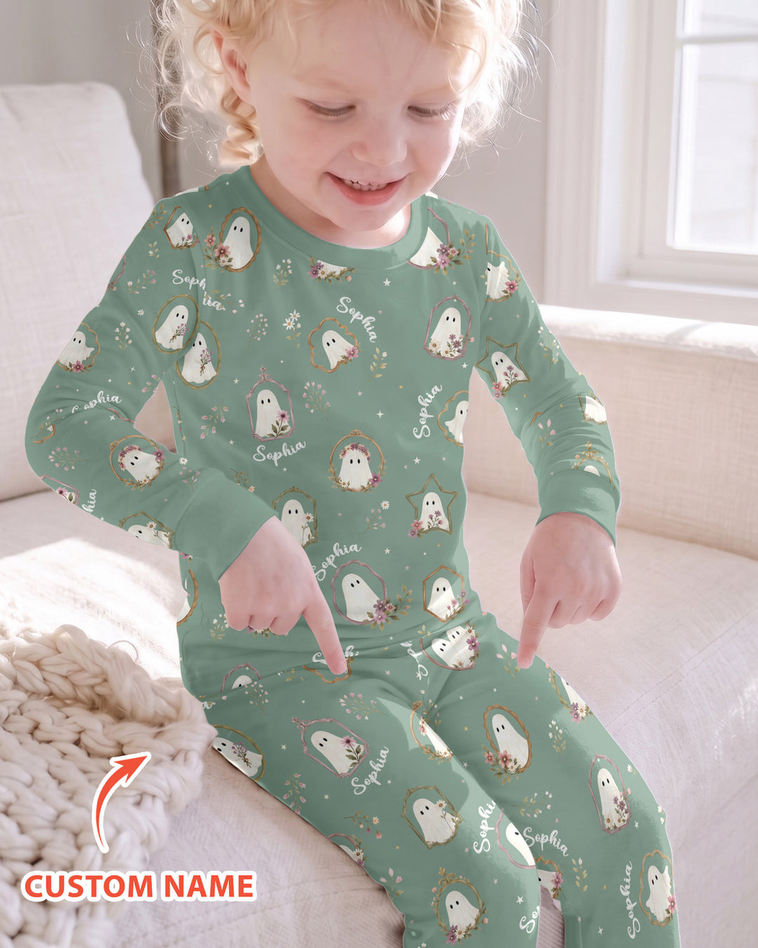 Vintage Floral Ghost Halloween Bamboo Two Piece Long Sleeve Pajama Set