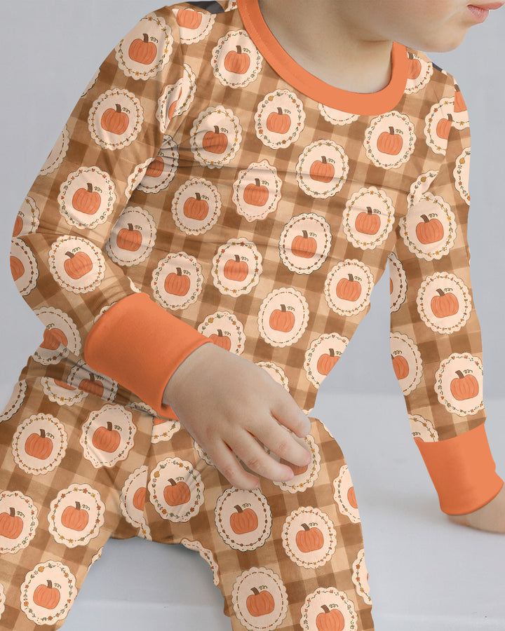 Folksy Framed Gingham Pumpkin Bamboo Two Piece Long Sleeve Pajama Set