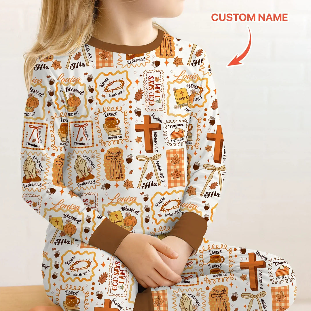 Custom Name I Am Thankful For Jesus Two Piece Long Sleeve Pajama Set , Custom Name I Am Thankful For Jesus Two Piece Long Sleeve Pajama Set - 12-18M