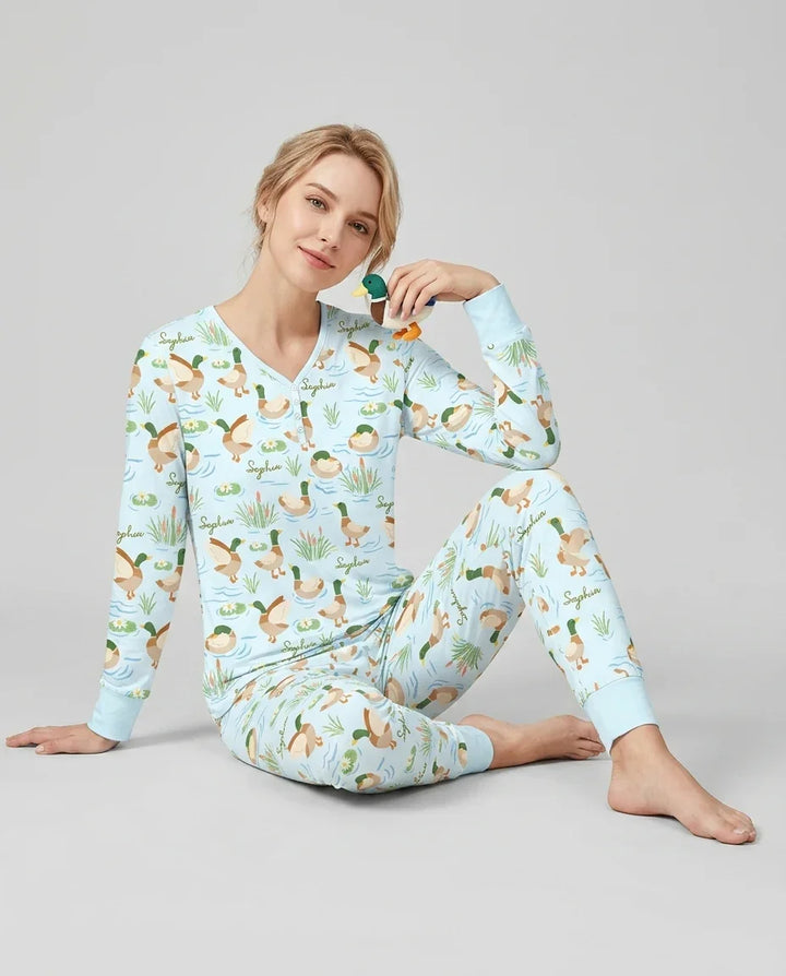Personalisiertes Pyjama-Set für Damen aus Bambus mit Stockentenmuster
