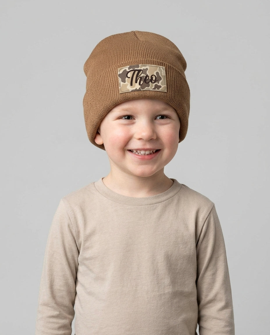 Custom Name Camo Leather Patch Beanie