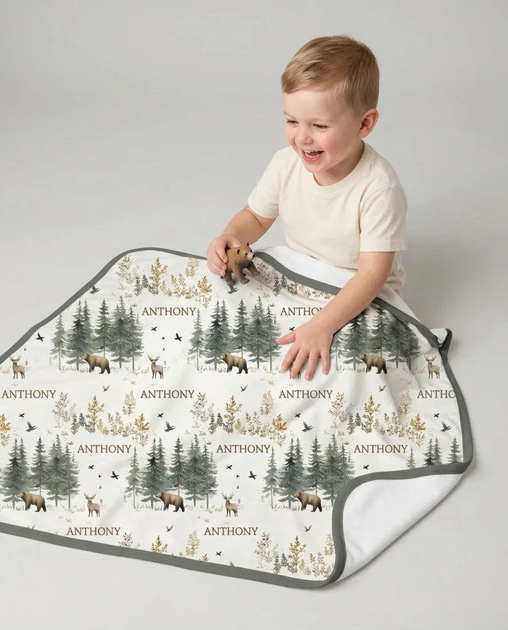 Custom Name Forest Bear Deer Bamboo Blanket