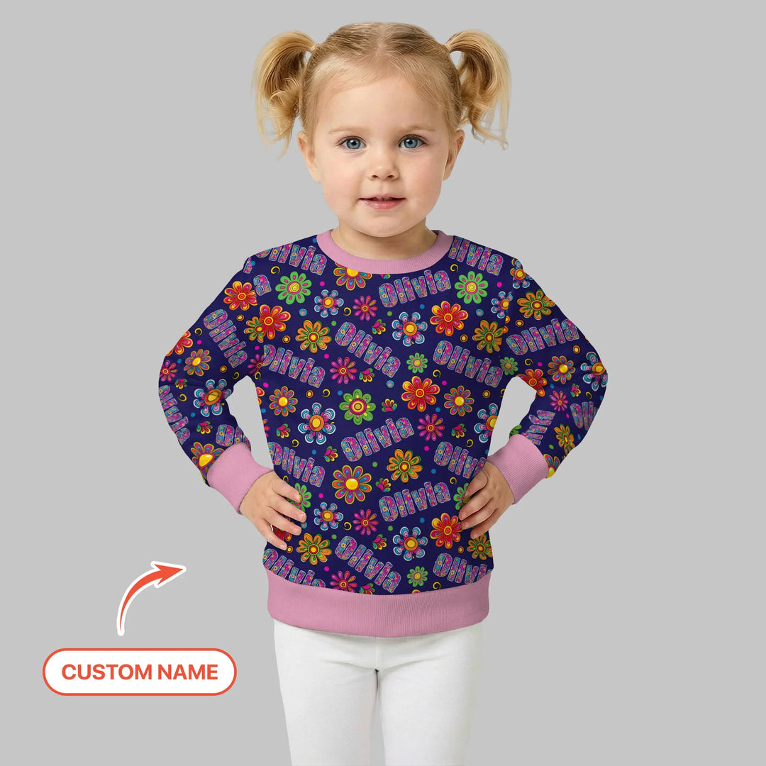Benutzerdefinierter Name Regenbogen-Hippie-Blumen-Bambus-Rundhals-Sweatshirt