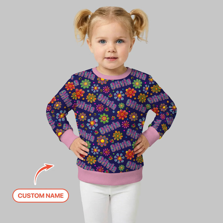 Benutzerdefinierter Name Regenbogen-Hippie-Blumen-Bambus-Rundhals-Sweatshirt