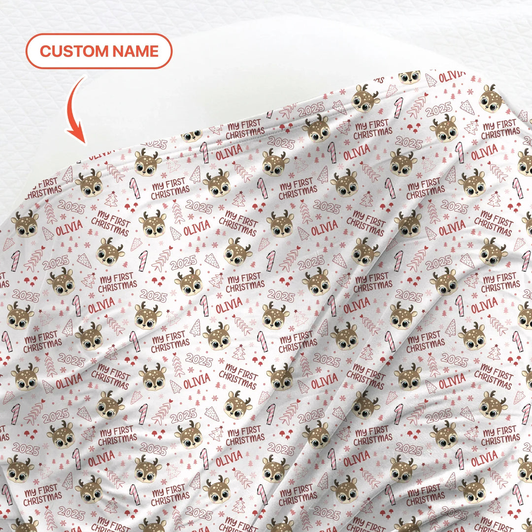 Custom Name Cute Reindeer My First Christmas Bamboo Swaddle Blanket
