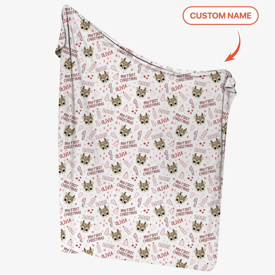 Custom Name Cute Reindeer My First Christmas Bamboo Swaddle Blanket