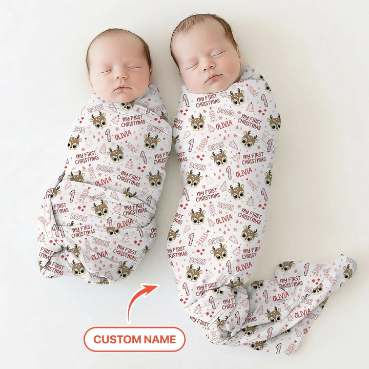 Custom Name Cute Reindeer My First Christmas Bamboo Swaddle Blanket