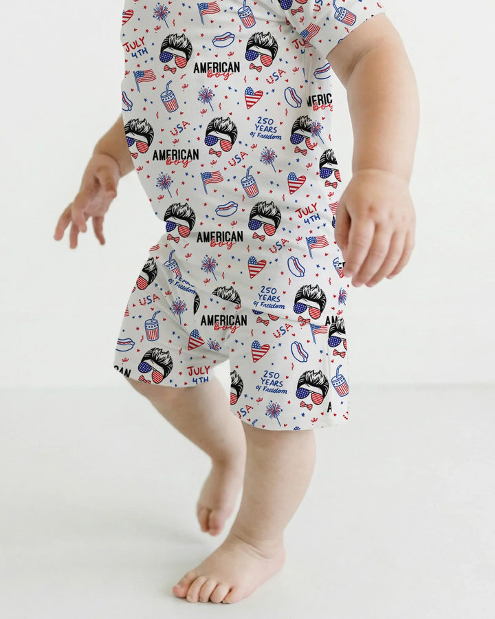 Doodle American Flag Glasses Family Matching Bamboo Two Piece Short Sleeve Shorts Pajama Set