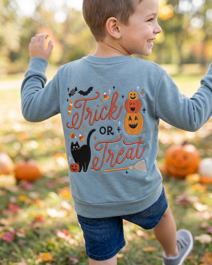 Custom Name Trick or Treat Pumpkin Stack Embroidered Bamboo Crewneck Sweatshirt