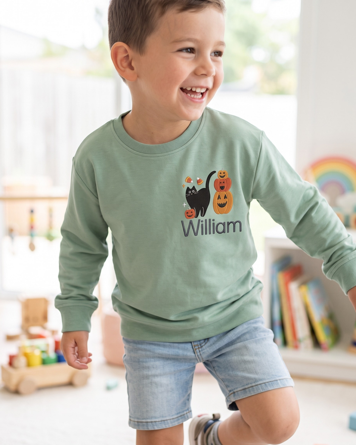 Custom Name Trick or Treat Pumpkin Stack Embroidered Bamboo Crewneck Sweatshirt