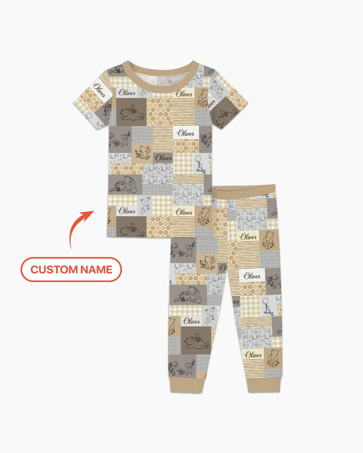 Personalized Classic Bear Patchwork  Bamboo Two Piece Short Sleeve Pajama Set