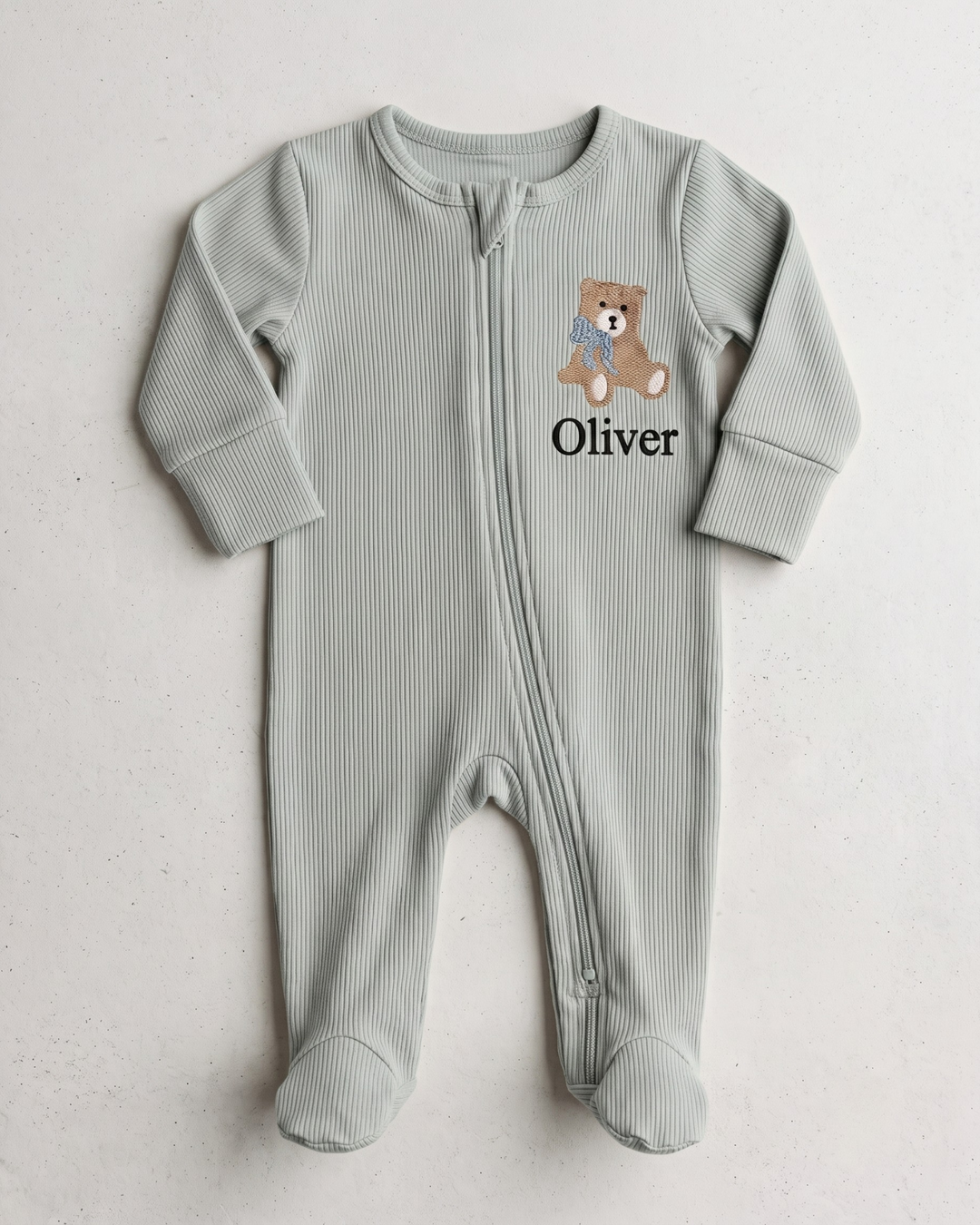 Teddy Bear Embroidered Name Ribbed Bamboo Zipper Footie