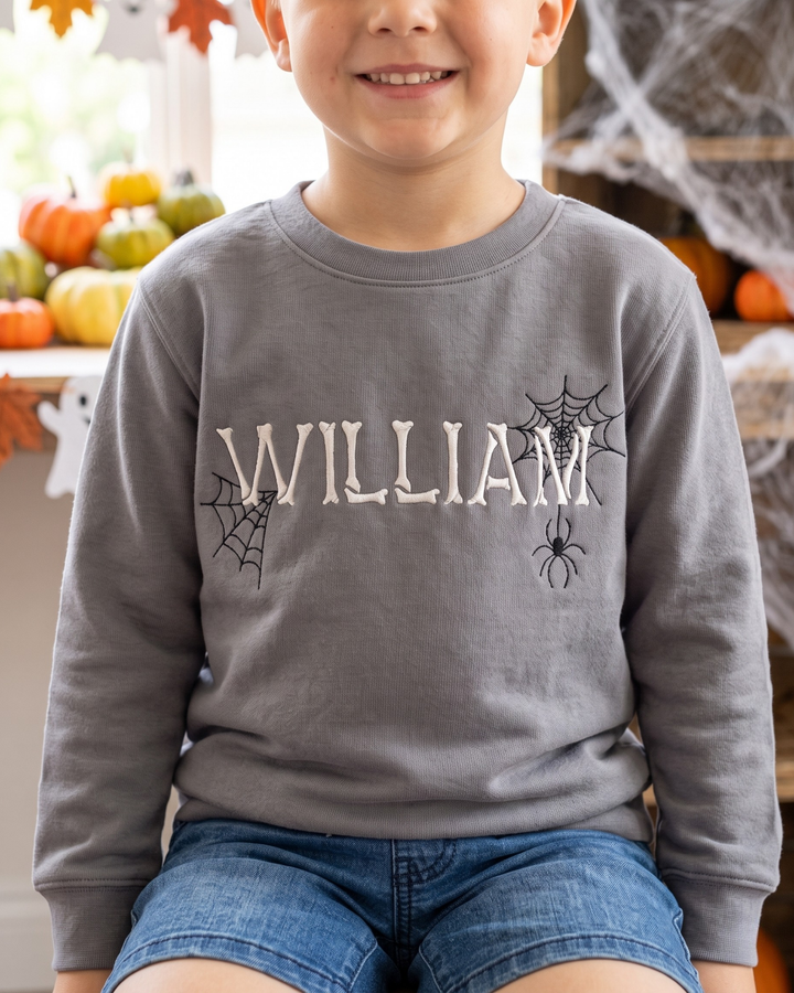 Custom Name Spooky Bone Embroidered Bamboo Crewneck Sweatshirt
