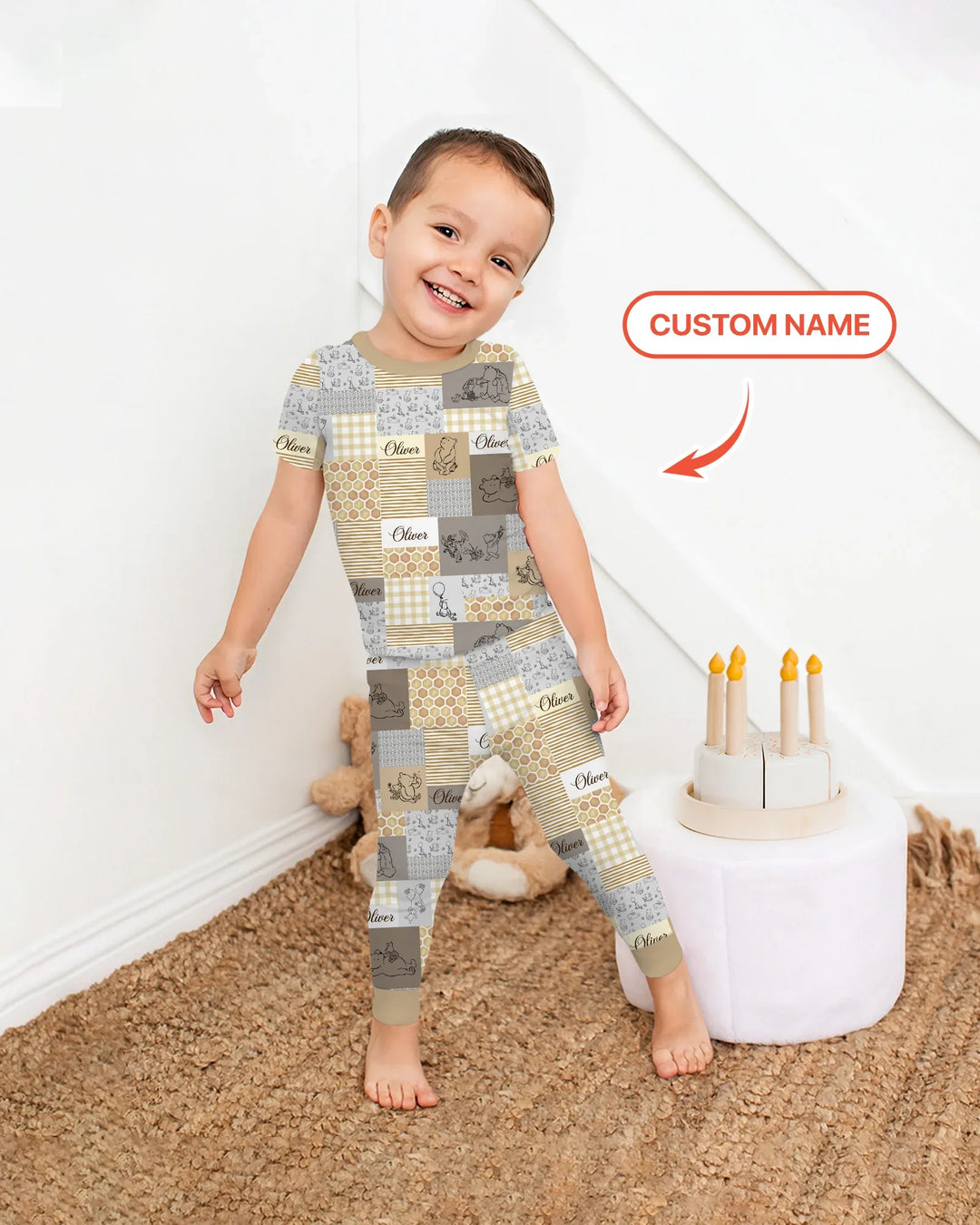Personalized Classic Bear Patchwork  Bamboo Two Piece Short Sleeve Pajama Set