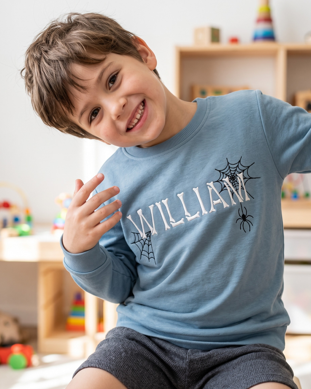 Custom Name Spooky Bone Embroidered Bamboo Crewneck Sweatshirt