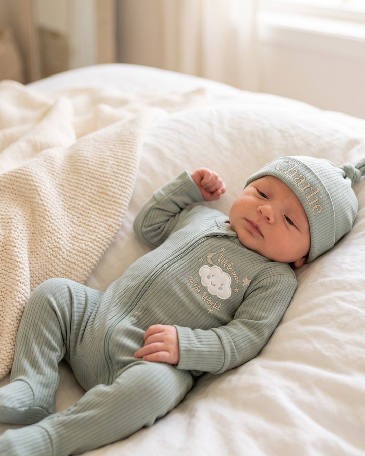 Little Cloud Welcome Embroidered Ribbed Bamboo Zipper Footie