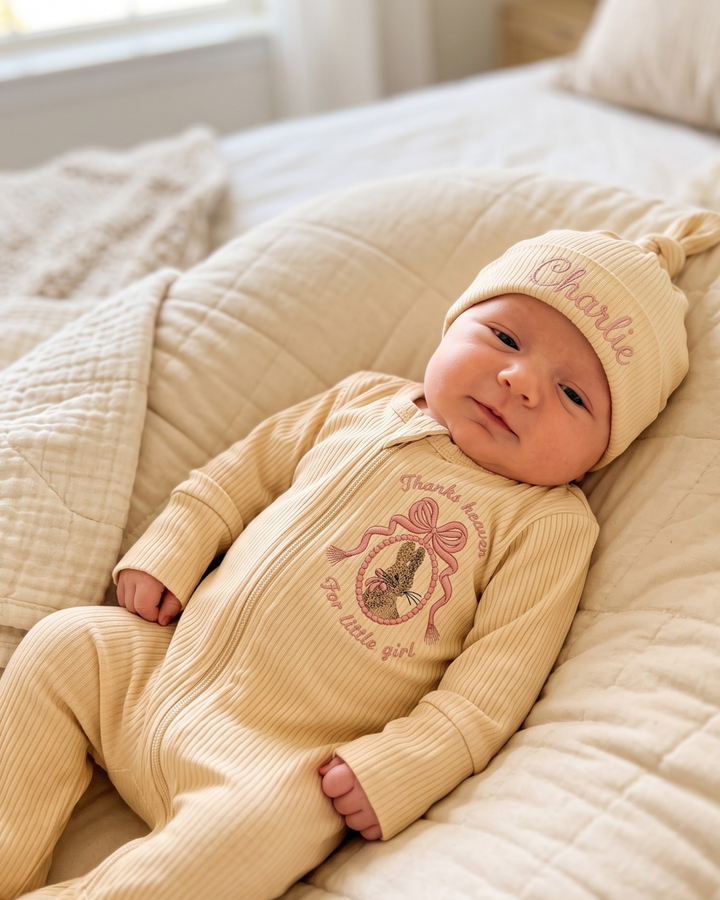 Little Bunny Girl Embroidered Ribbed Bamboo Zipper Footie