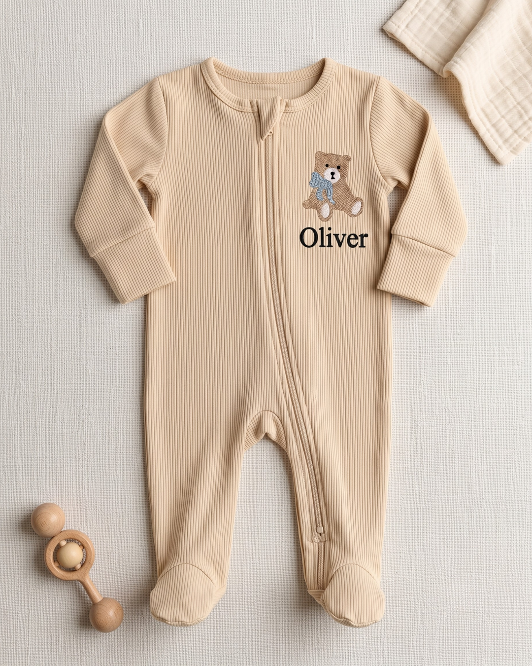 Teddy Bear Embroidered Name Ribbed Bamboo Zipper Footie