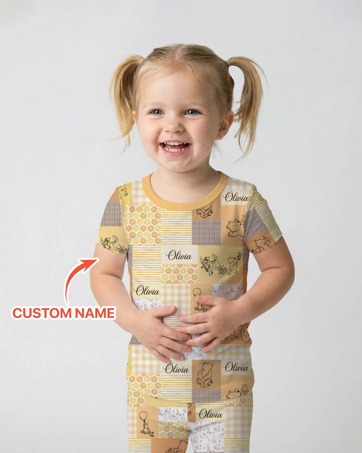 Personalized Classic Bear Patchwork  Bamboo Two Piece Short Sleeve Pajama Set