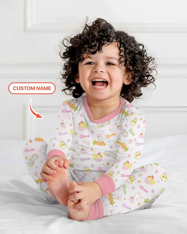 Custom name Happy Easter Bamboo Two Piece Long Sleeve Pajama Set