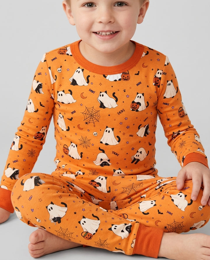 Ghost Cat Vintage Halloween Bamboo Two Piece Long Sleeve Pajama Set