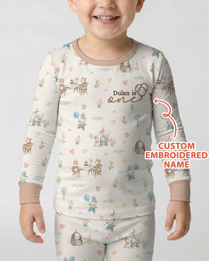 Custom Embroidered Name Birthday Baby Bamboo Two Piece Long Sleeve Pajama Set