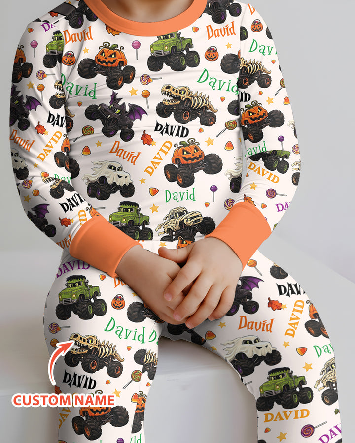 Spooky Monster Truck Custom Name Bamboo Two Piece Long Sleeve Pajama Set
