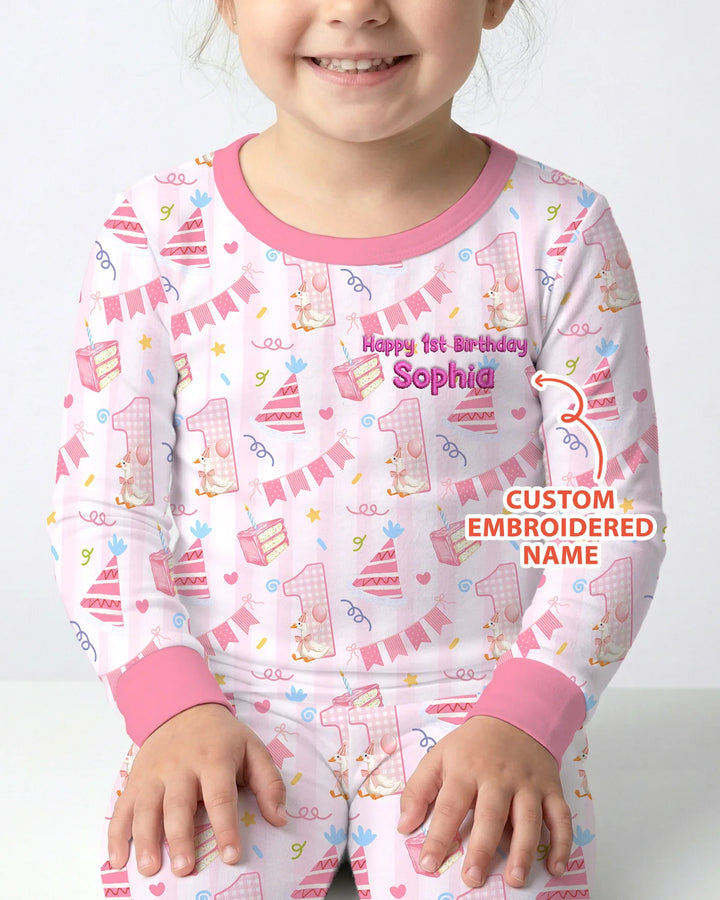 1st Birthday Girl Embroidered Baby Bamboo Two Piece Long Sleeve Pajama Set