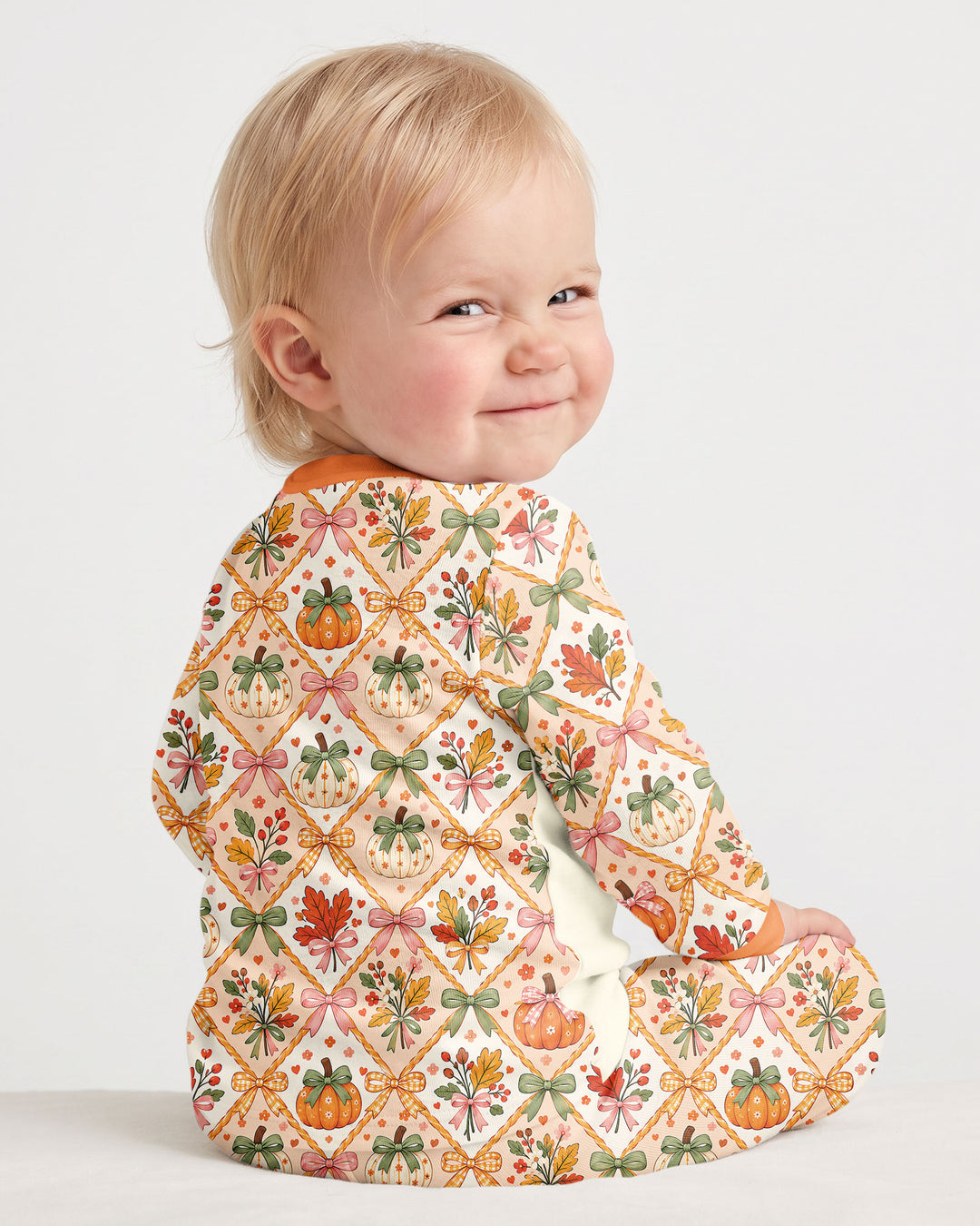 Retro Fall Pumpkin Bow Bamboo Two Piece Long Sleeve Pajama Set