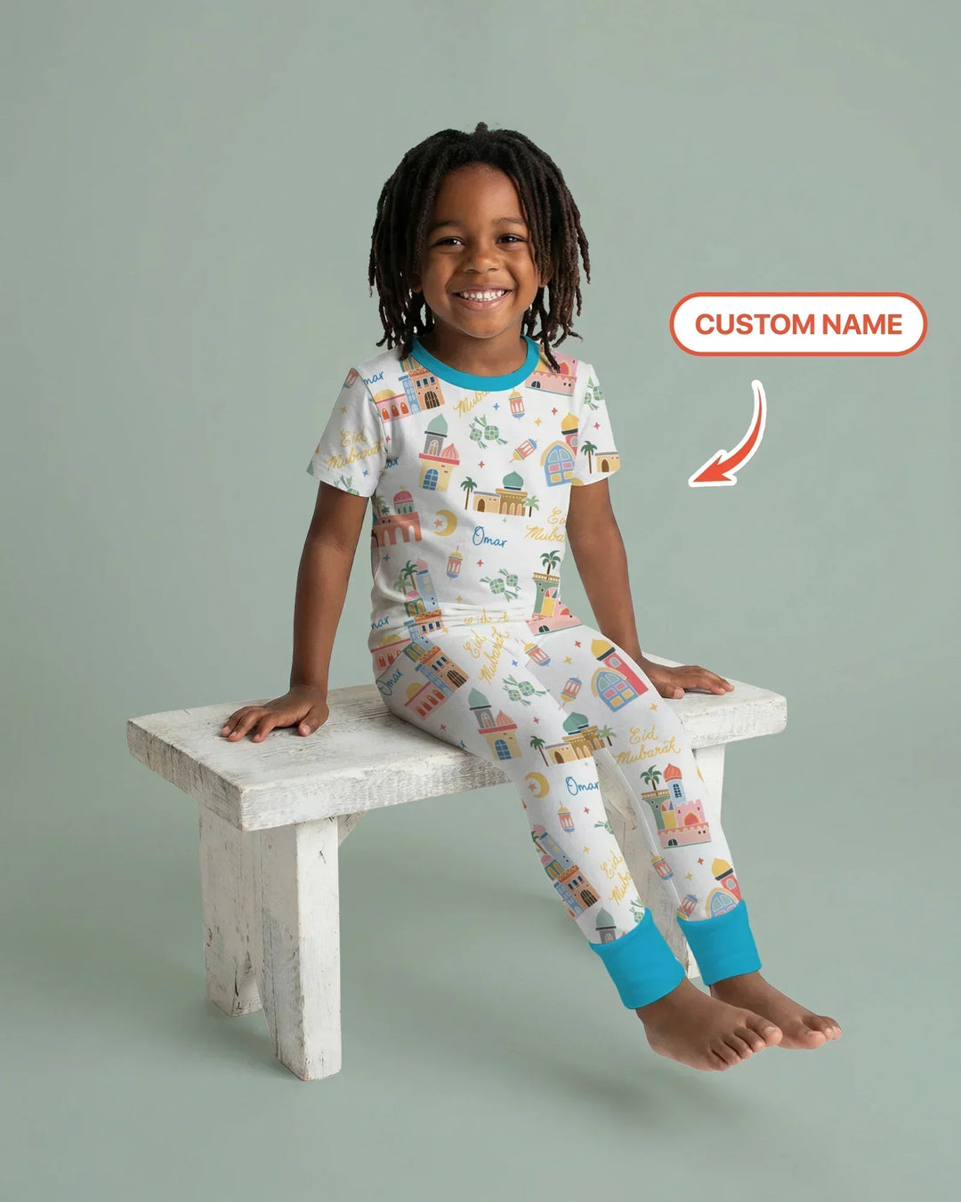 Eid Mubarak Custom Name Bamboo Two Piece Short Sleeve Pajama Set