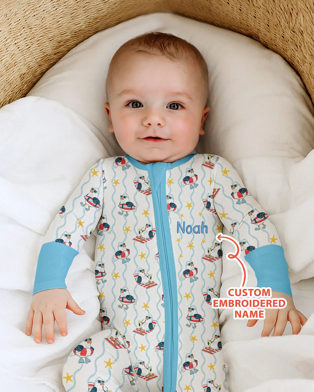 Personalized Embroidered Summer Seagull Baby Bamboo Convertible Zippy