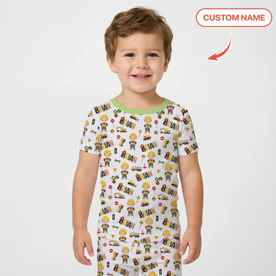 Custom Name Doodle Little Builder Bamboo Two Piece Short Sleeve Pajama Set