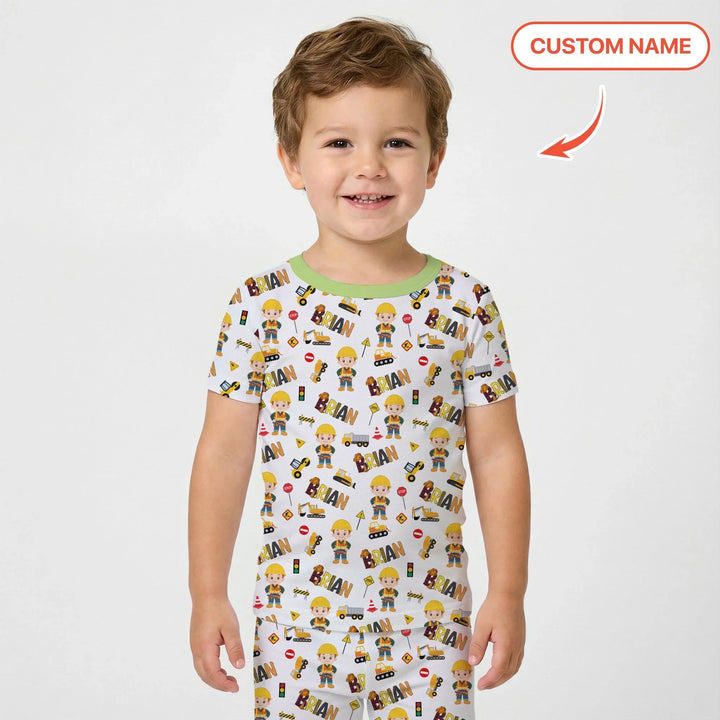 Custom Name Doodle Little Builder Bamboo Two Piece Short Sleeve Pajama Set