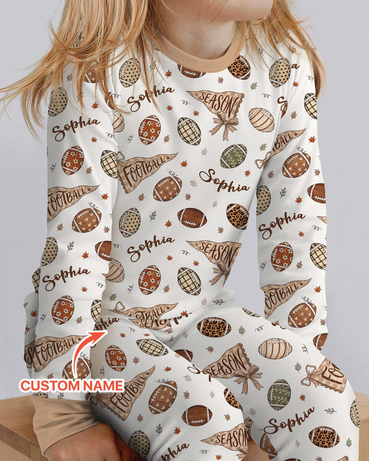 Custom Name Football Fall Season Bamboo Two Piece Long Sleeve Pajama Set