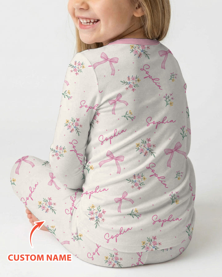 Pastel Ditsy Floral Bow Bamboo Two Piece Long Sleeve Pajama Set