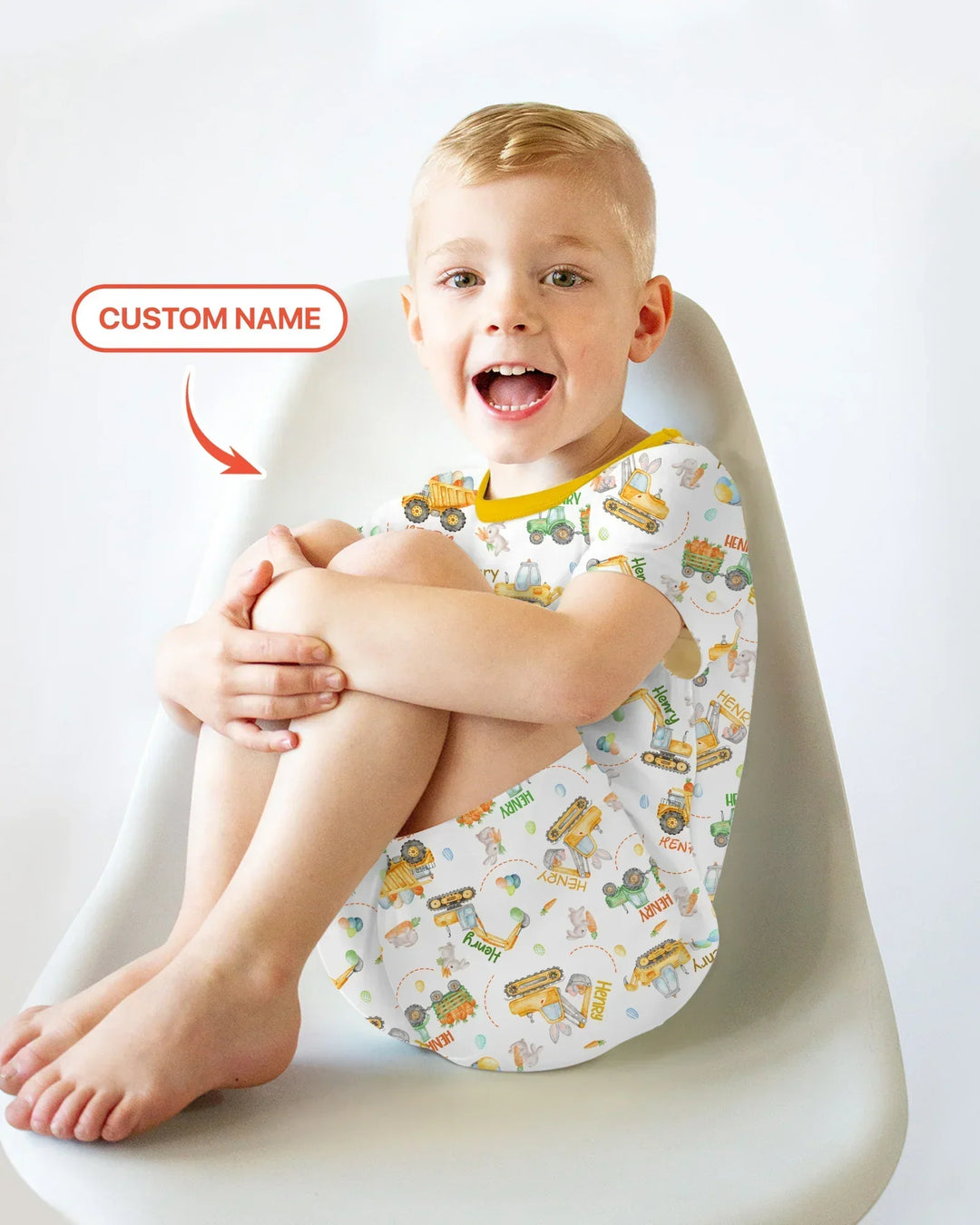 Easter Construction Vehicles Custom Name Bamboo Two Piece Short Sleeve Shorts Pajama Set