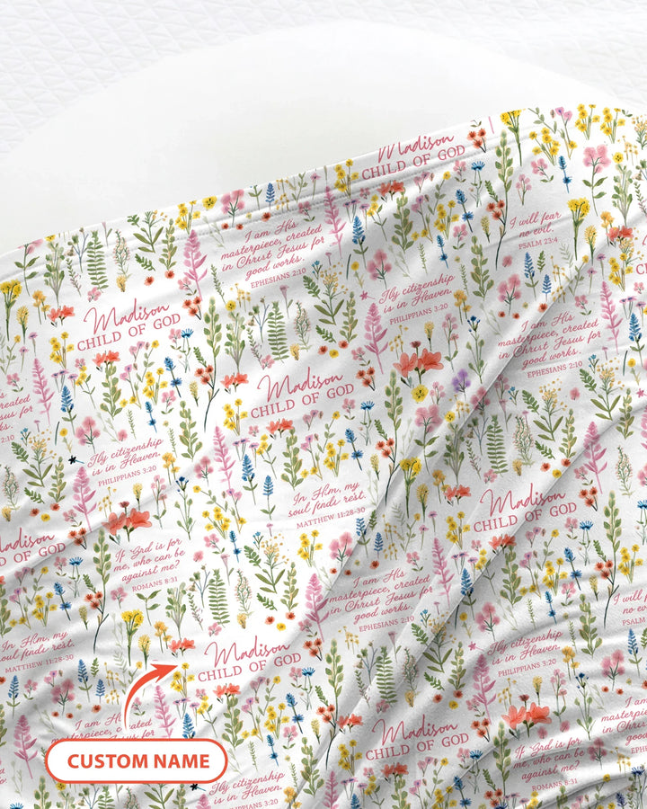 Personalisierte Babydecke "Kind Gottes" mit Blumengartenmuster