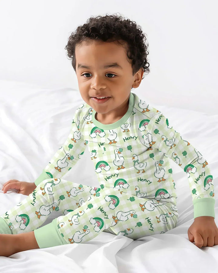 Custom Name Lucky Ducks Bamboo Two Piece Long Sleeve Pajama Set