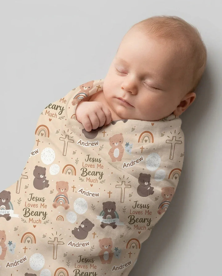 Custom Name Jesus Loves Me Beary Much Swaddle Blanket