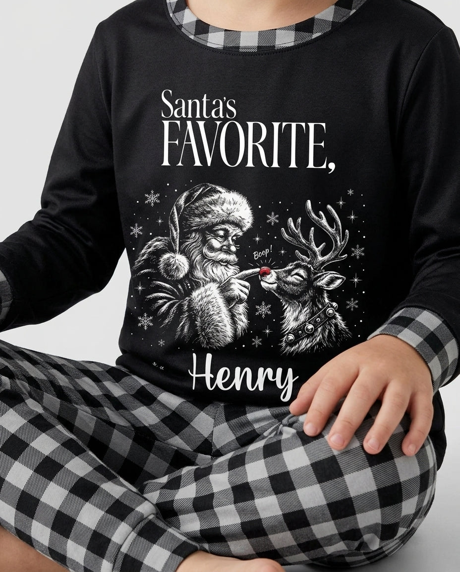 Custom Name Santa's Favorite Buffalo Plaid Bamboo Two Piece Long Sleeve Pajama Set