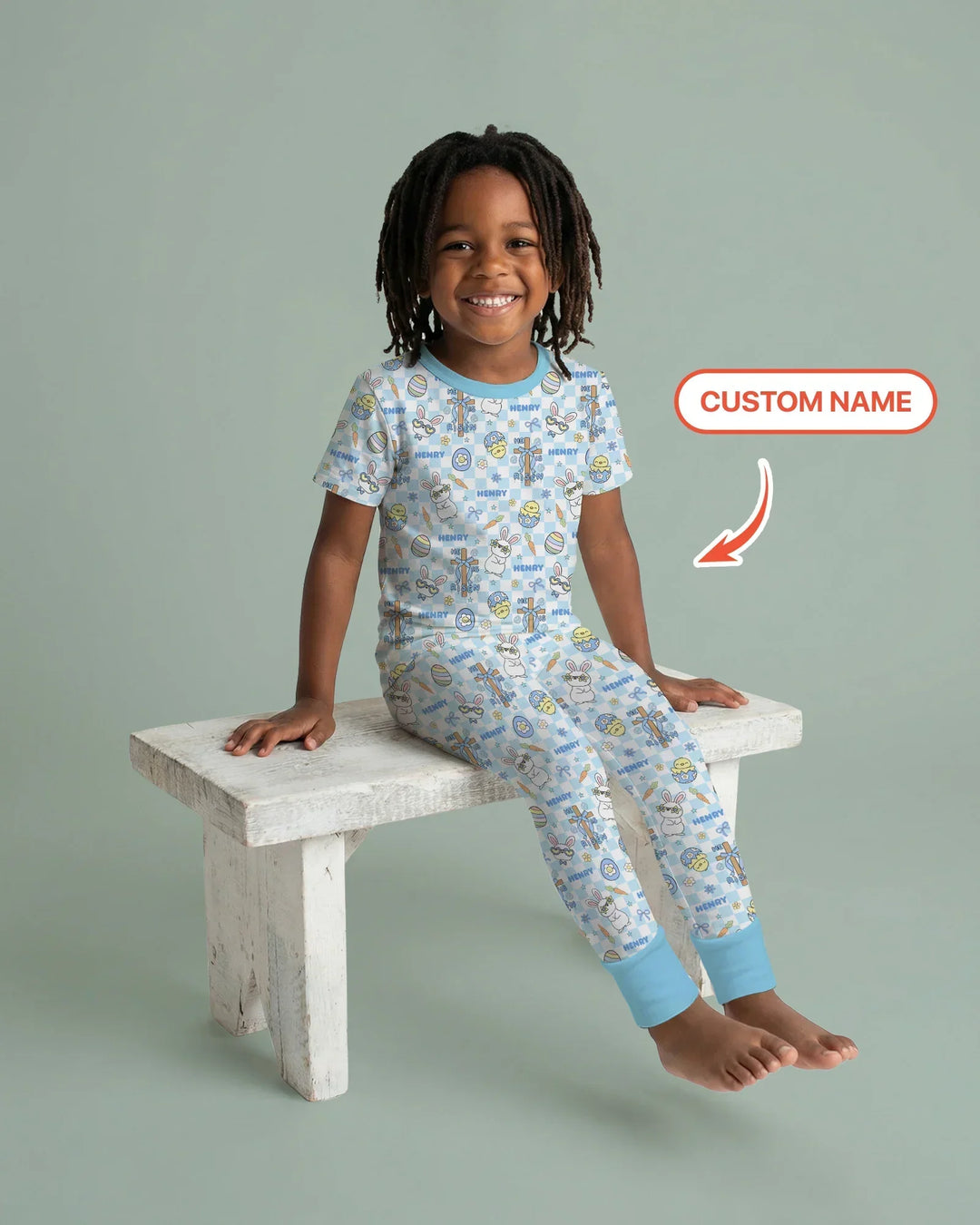Custom Name Retro Easter Bamboo Two Piece Short Sleeve Pajama Set