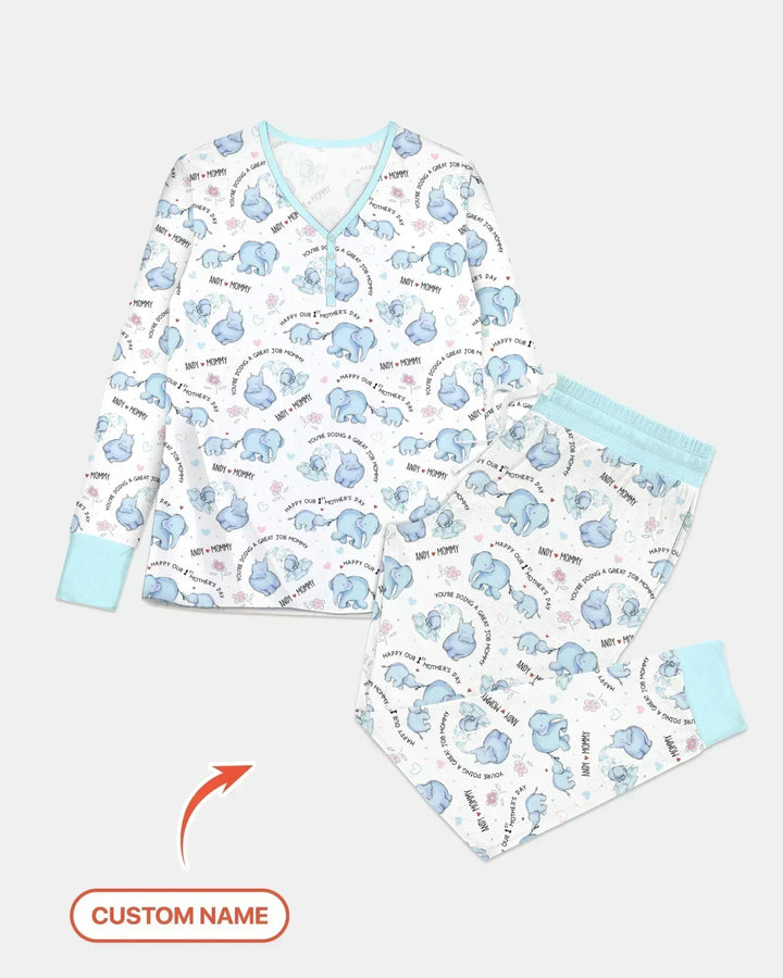 Pyjama-Set für Damen mit Namen, Mutter- und Baby-Elefant aus Bambus