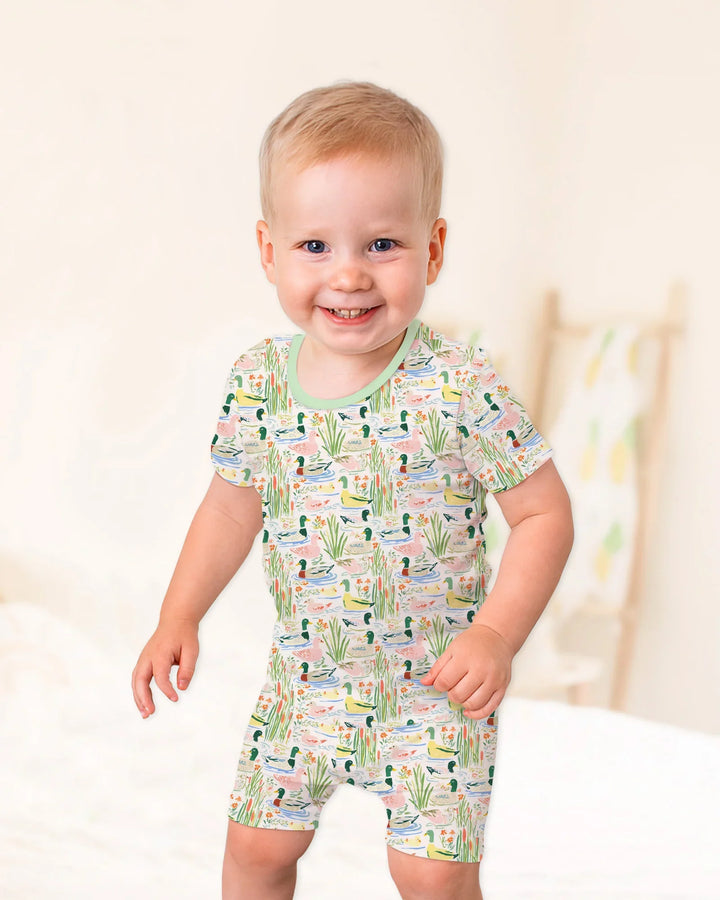Whimsical Mallard Duck Bamboo Two Piece Short Sleeve Shorts Pajama Set