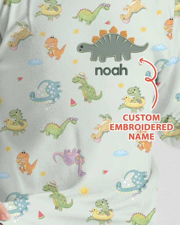 Custom Embroidered Name Summer Dinosaur Bamboo Two Piece Long Sleeve Pajama Set