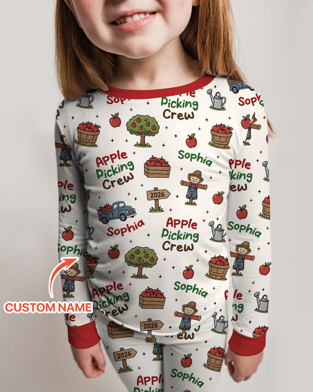 Custom Name Apple Picking Crew Bamboo Two Piece Long Sleeve Pajama Set